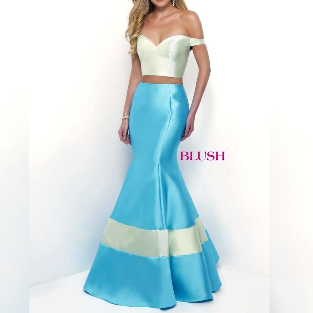 Sz 6 NWT Blush Prom 2-Piece Off-Shoulder Mermaid Gown Dress Set 11313 Blue Green